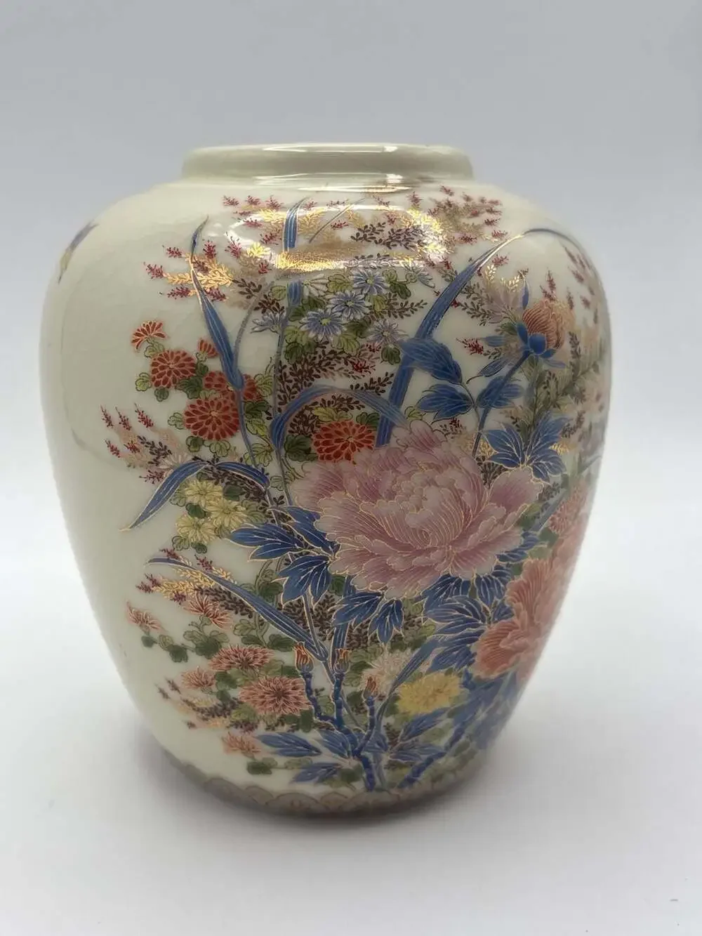 Vintage Shibata Japanese Porcelain Floral Ginger Jar Vase, Gold Accents
